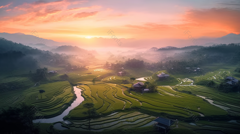 重庆乡村田园秋色美如画晚霞时分的阳光照亮绿色的山峰树木和田地图像摄影,高清,摄影图,摄影图片,图片大全,摄影图免费下载